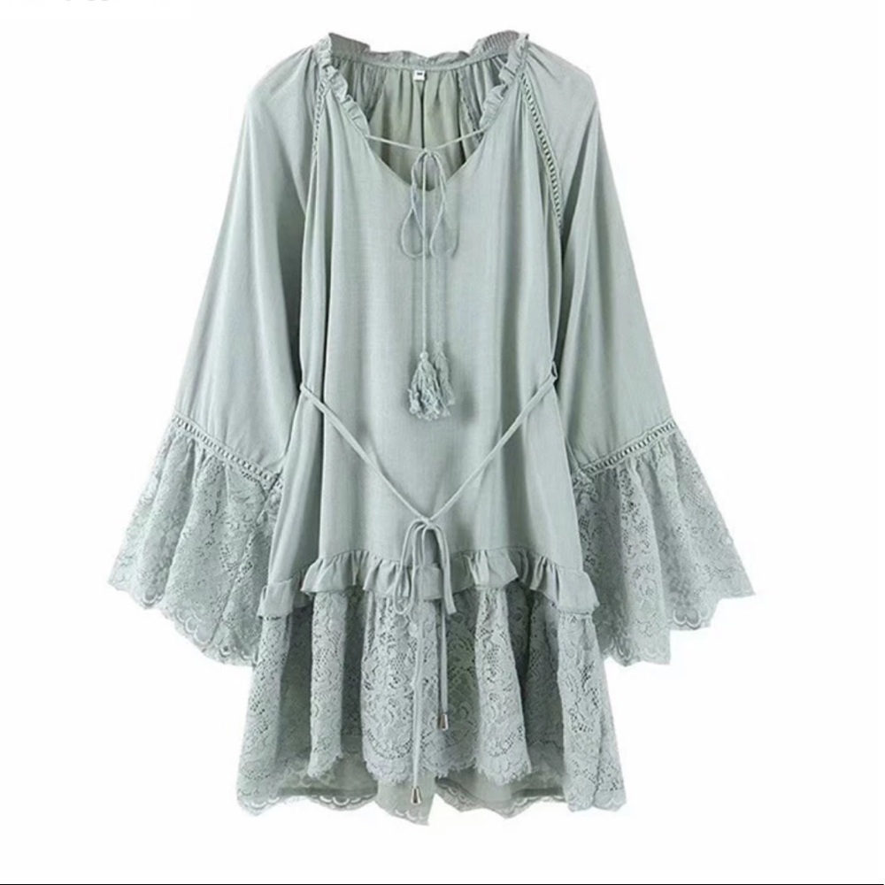 Lace Bell Sleeve Boho Gypsy Dress Mint Green-Blue - Picture 4 of 12